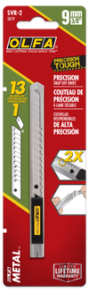 OLFA SVR-2 Stainless-Steel Graphics Knife with stainless-steel snap-off blade shown in packaging with 2X micro0click adjustment