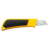 Backside of OLFA 18mm L-2 Heavy Duty Utility Knife with Anti-Slip Rubber Inset and Strong Silver Snap Blade, Ratchet Lock
