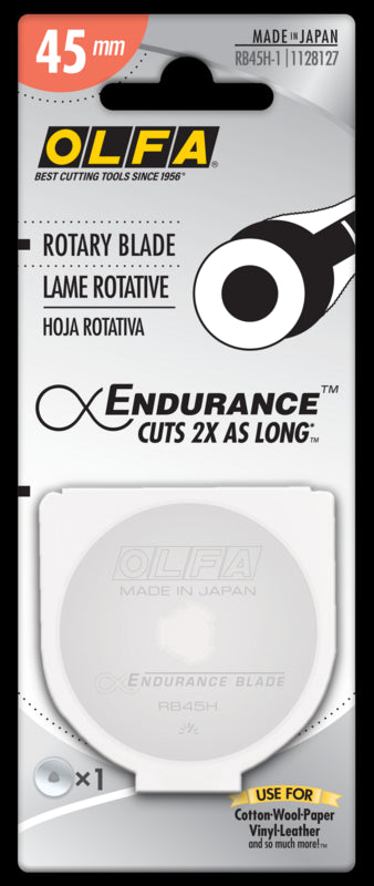 45mm OLFA® Rotary Blade 1 Blade/pkg. Olfa® Brand Rotary Cutting Blade.  Tungsten Steel. Premium Quality, and Sharp Edge. RB45-1 x5.29x 