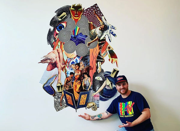 Red Wizard with vinyl collage mural 
