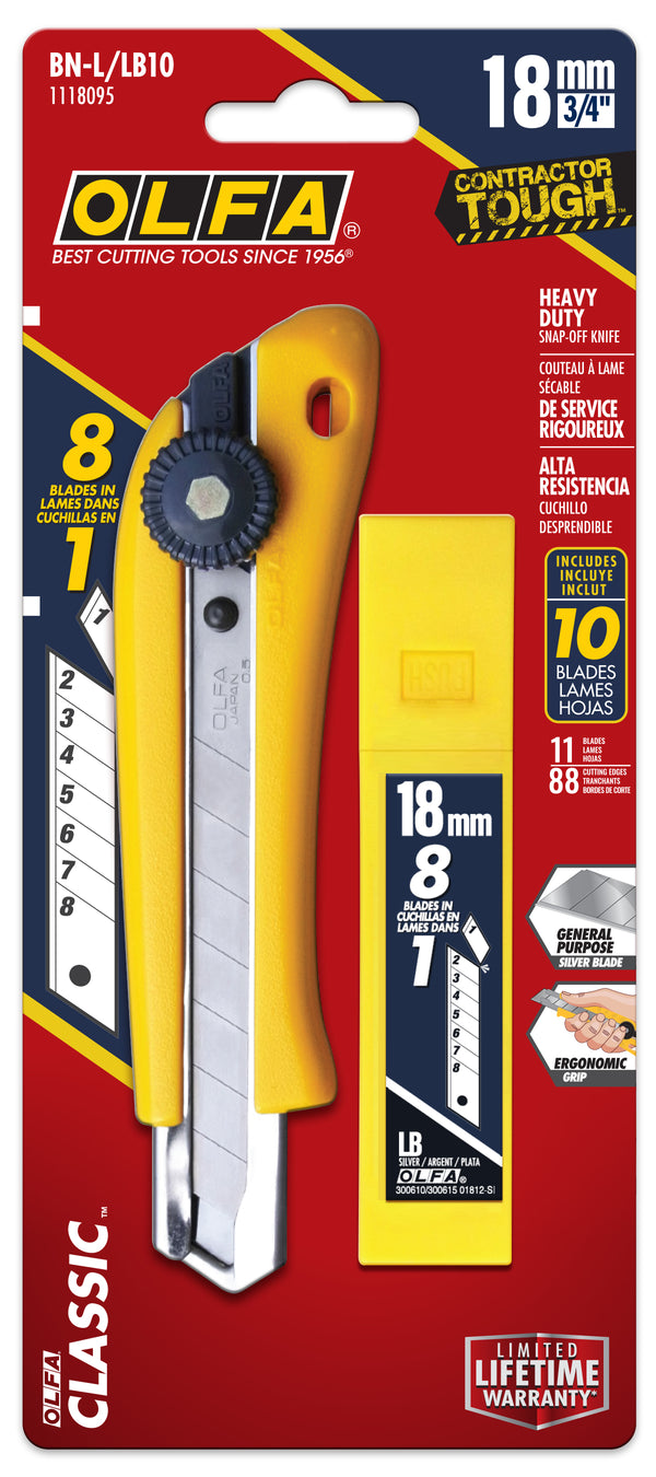 18mm BN-L Ratchet Lock Utility Knife With a 10-Pack of Silver Snap Blades - OLFA.com