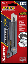 OLFA 18mm NOL-1/BB Rubber-Grip Ratchet-Lock Utility Knife with LBB Ultra-Sharp Black Blade, in package.