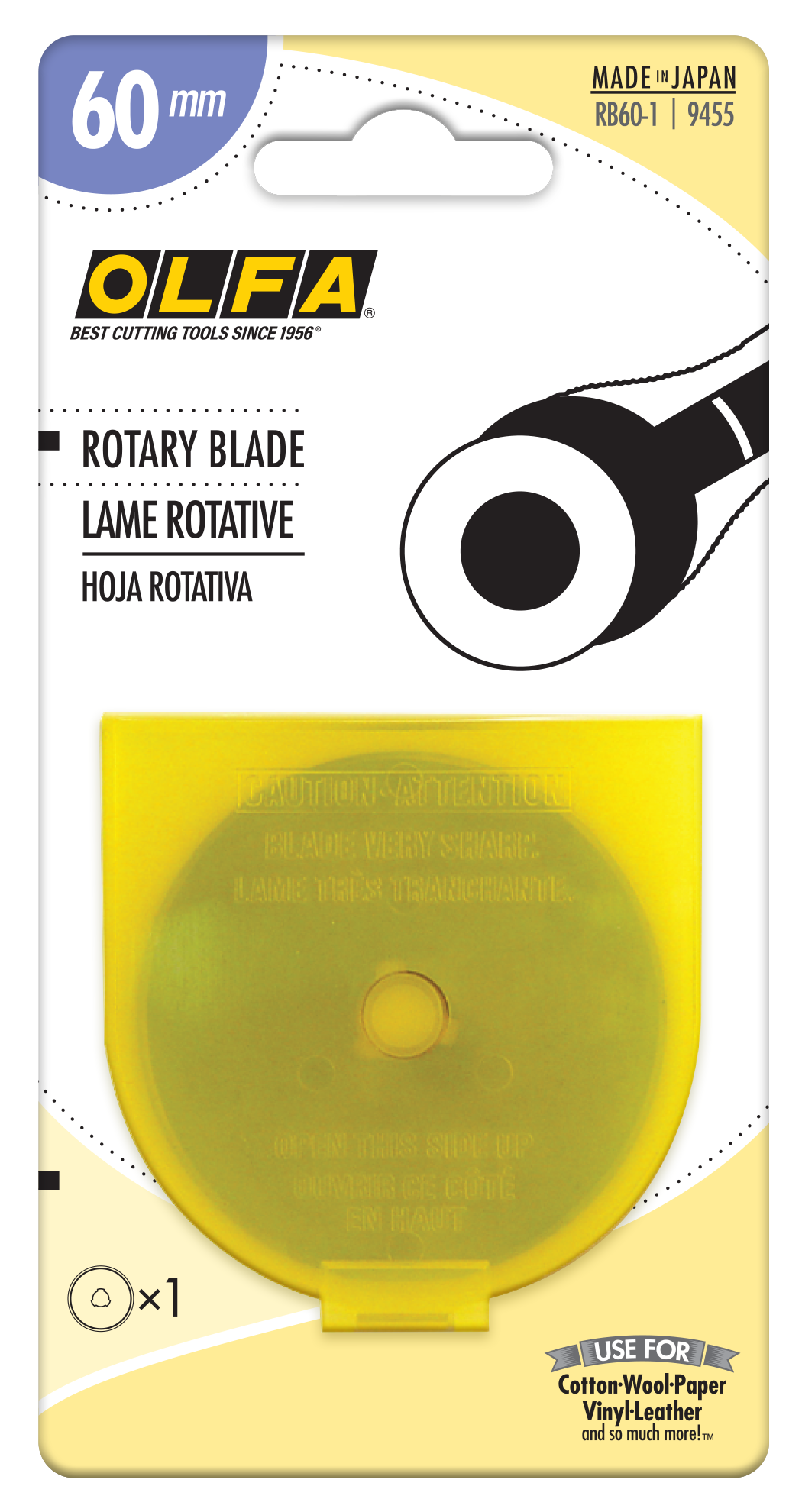 OLFA RB60 60mm tungsten steel rotary blade shown in protective storage