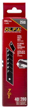 OLFA 25mm HBB Ultra-Sharp Black Snap Blade shown in packaging. Box of 40, 280 edges. 