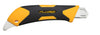 Backside of OLFA 18mm L-5 Fiberglass Anti-Slip Rubber Grip Utility Knife, Ratchet Lock with Ultra-Sharp Black Snap-Off Blade