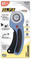 OLFA 45mm Ergonomic Rotary Cutter, Pacific Blue, Endurance Blade, packaging